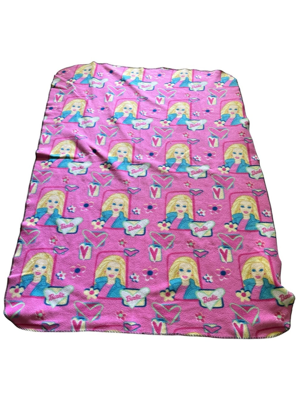 Barbie Vintage Pink Fleece Blanket Throw Soft Warm RARE Flower Hearts